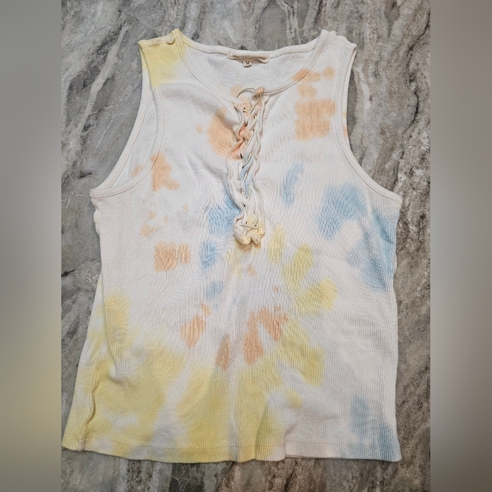 Pastel Tie-Dye Lace-Up Ribbed Tank Top Size Medium 100% Cotton Boho Y2K Festival